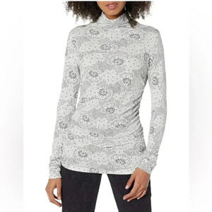 Rebecca Taylor Forget Me Not Fleur Ruch Side Turtleneck Ivory Black NWT small